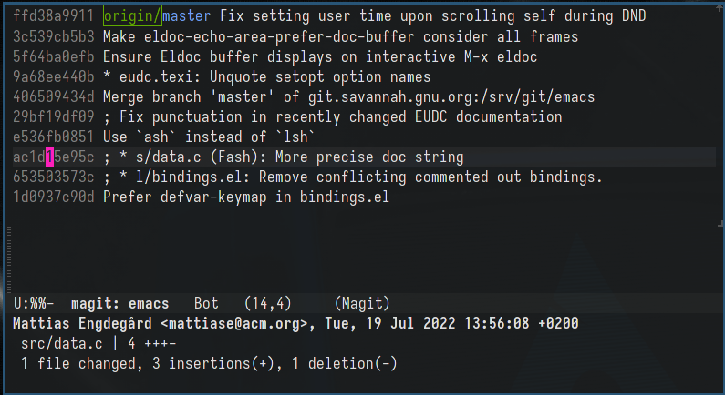 Screenshot of eldoc showing commit author, date, and diffstat